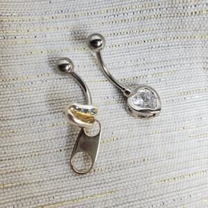 2 Belly Button Rings Zipper Pull & Crystal Heart